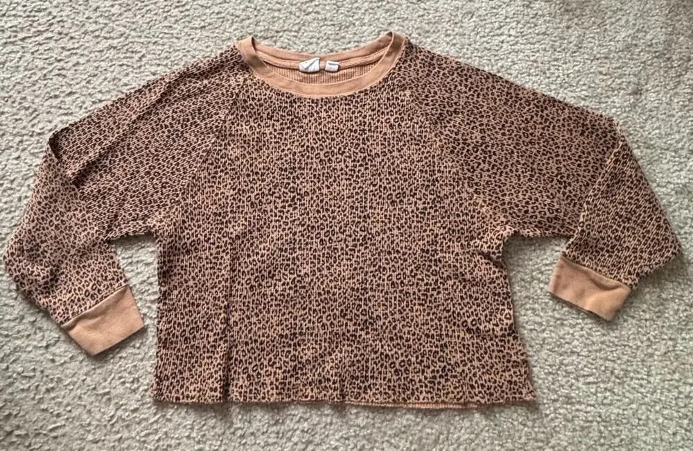 Gap Kids Leopard Waffle Knit Crop Top Girls Large 10-11 Brown Long Sleeve Cotton